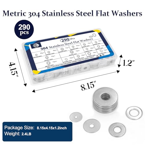 ZQZ 290Pcs Flat Washers, 304 Stainless Steel Fender Washers Assortment, 15 Different Sizes Wide Washer M3 M4 M5 M6 M8 M10 M12 Assorted Flatwashers Kit - size: 15 Sizes 290 Pieces
