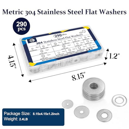 ZQZ 290Pcs Flat Washers, 304 Stainless Steel Fender Washers Assortment, 15 Different Sizes Wide Washer M3 M4 M5 M6 M8 M10 M12 Assorted Flatwashers Kit - size: 15 Sizes 290 Pieces