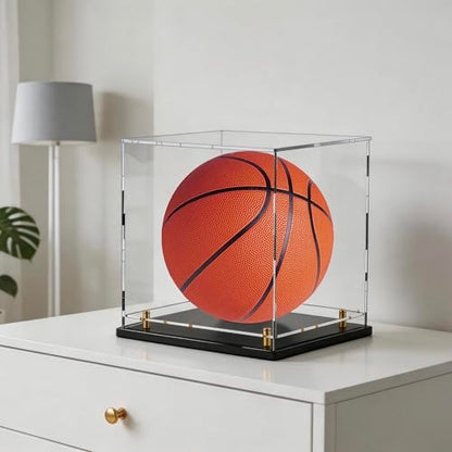 Acrylic Display Case with Raised Shelf & Ball Holder, Clear Display Box with Black Base & Gold Standoffs, Dustproof Showcase for Fullsize Basketball – Easy Assembly (12×12×12 Inch) - size: 12"L x 12"W x 12"H (with Ball Position)