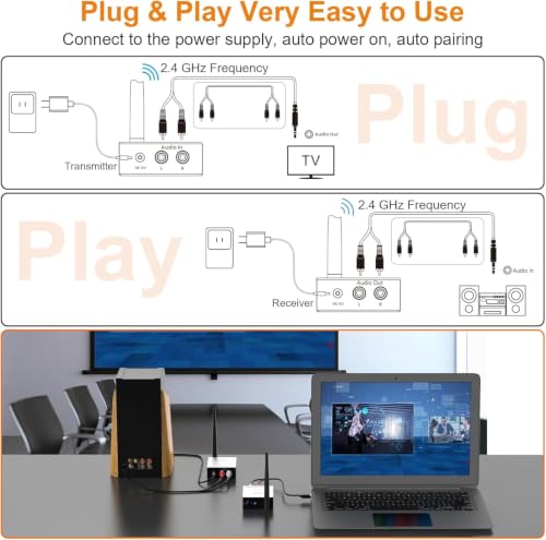 1Mii 2.4Ghz Wireless Audio Transmitter Receiver Set (1 TX + 1 RX) for TV | 320FT Long Range 20ms Low Delay HiFi Audio w/RCA(3.5mm AUX) Out/In, Wireless Adapter Kit for Powered Speaker/Stereo/Soundbar - size: 2 in 1
