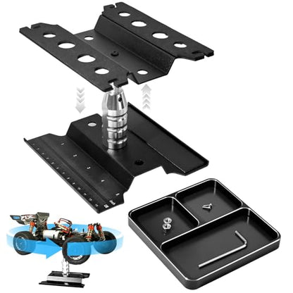 RC Car Work Stand Adjustable Height Lift Lower 360° Rotation Aluminum RC Repair Stand & Small Screw Tray Fit for 1/8 1/10 1/12 1/14 For Traxxa Axial Arrma Redcat RC Crawler Monster Truck Buggy（Black） - color: Black