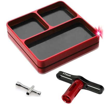Aluminium RC Screw Tray Nuts Storage Tools with Magnetic Pad and 17mm Hex Wheels Wrench & Small Cross Hex Wrench Sleeve Repair Set Kit for 1/8 1/10 Car HSP HPI Axial Airplane Boat (Red) - color: Red