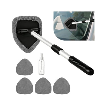 Car Windshield Cleaner Tool, Extendable Handle Pentagonal Vehicle Window Cleaning Kit with 4 Reusable Pads Spray Bottle, Auto Windscreen Detailing Cleaner, Universal Fit (Grey) - size: Grey