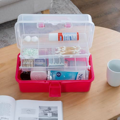 MyGift 13-Inch Dark Pink Plastic Craft Organizer and Storage Box – Clear Carrying Case with Latching Lid & 2 Expandable Trays for Sewing, Tools, First Aid, and Art Supplies - color: Fuscia