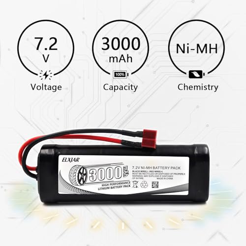 (2-Pack) 7.2V 3000mAh Ni-MH Battery with Connector for RC Vehicles | For LOSI, Associated, HPI, Kyosho and Tamiya RC cars, trucks, boats and buggies; includes 4.8V–12V Ni-MH/Ni-Cd charger. - color: 7.2V 3000mAh T-Plug