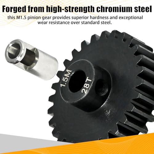 M1.5 28T Pinion Gear 8mm Bore with 8mm to 5mm Shaft Adapter Sleeve, Chromium Steel Motor Gear with Set Screw & Hex Key for Traxxas ARRMA Losi 1/5 1/8 RC Cars - size: 28T