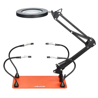 VEVOR Magnetic Helping Hands Soldering Station, 4 Flexible Arms Third Hand Tool with 3X LED Magnifying Lamp & Non-Slip Heavy-Duty Base, Soldering Helping Hands for Electronic Repair Craft Hobby DIY - style: 11*7in Large Base with Magnifying Light