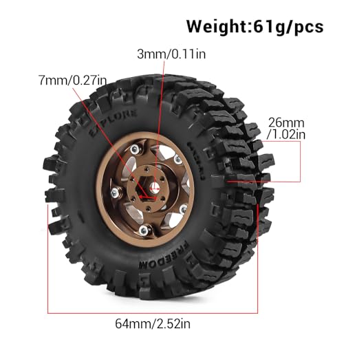 1.3" Beadlock Wheels and Tires 64mm (2.52in) for SCX24 TRX4M 1/18 1/24 RC Crawlers – Aluminum Rims, Soft Rubber Tires with Foam Inserts, Easy-Install Upgrade Parts (Bronze 205) - color: Bronze 205