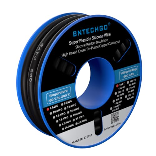 BNTECHGO 6 Gauge Silicone Wire Black 50ft Stranded Tinned Copper Wire | Flexible 6 AWG Stranded Wire Silicone Rubber Insulation For RC Models, Drone, Robot, Battery, EV Charger, 3D Printer, DIY - size: 50ft Black