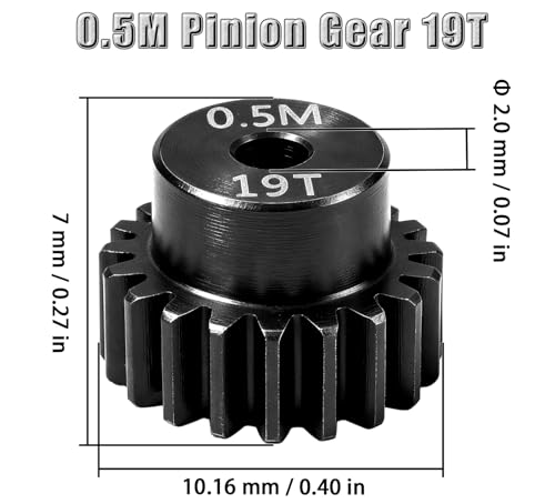 Hardened Steel 0.5M Pinion Gear 19T 2mm Shaft for RC Car/Helicopter Upgrade, Compatible with ARRMA 1/14 Typhoon 1/16 Mojave 1/18 Granite, Losi 1/12, 0.5Mod 13T-27T Gear for Brushed Brush-Less Motors - size: 19T