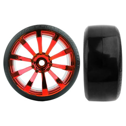 4 Pieces OD 2.45" Hard Plastic Drift RC Tire 12mm Hex On Road Touring Racing Bald Wheels Compatible with 1/10 Scale HSP Tamiya Kyosho Traxxas Sakura WLtoys RC Trucks (Red) - color: Red