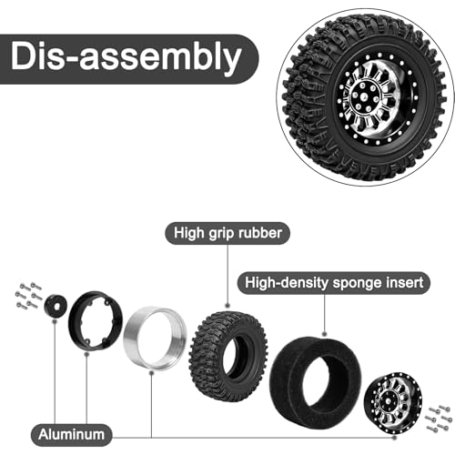 LRFHL 1.3" Beadlock Wheel Tires Aluminum for SCX24 TRX4M, 4PCS, Silver | Upgraded 1.45-inch Wheel, 1/24 SCX24 1/18 TRX4M RC Crawler Car Upgrade - color: Black Tires+ Silver Wheels-1