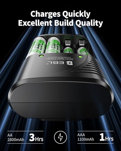 EBL 4-Bay Battery Charger for AA & AAA Rechargeable Batteries with Rechargeable AA NiMh Batteries, 4 Count, Battery Charger with Foldable Wall Plug - size: Charger+4AA