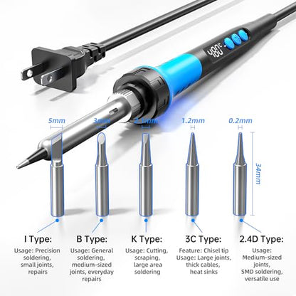 Soldering Iron Kit, 90W 110V LCD digital soldering gun，12-in-1 Soldering Iron Kit Tool，Temperature adjustable from 180-480°C，5 soldering tips，soldering wire，soldering paste，soldering pump - color: Sky Blue