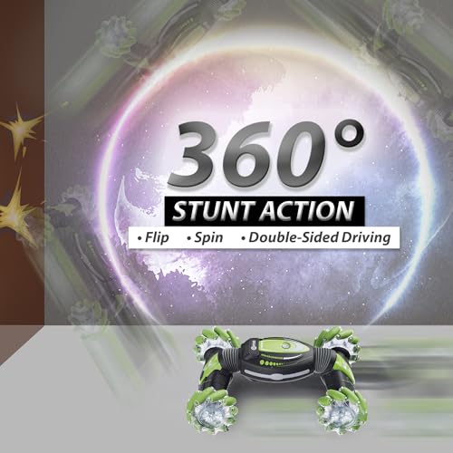 Contixo SC1 Large 1:12 Gesture Control RC Stunt Car for Kids, 4WD Remote Control Car with Hand Motion Sensor, Double-Sided Driving, 360° Rotating Flips, LED Lights, All Terrain RC Car for Boys, Green