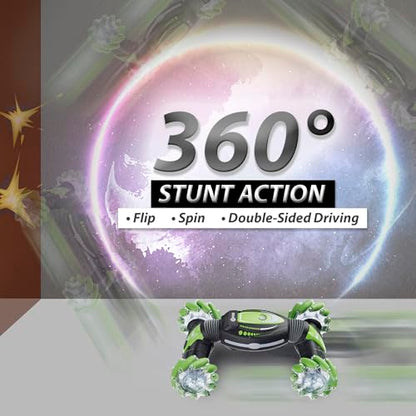 Contixo SC1 Large 1:12 Gesture Control RC Stunt Car for Kids, 4WD Remote Control Car with Hand Motion Sensor, Double-Sided Driving, 360° Rotating Flips, LED Lights, All Terrain RC Car for Boys, Green