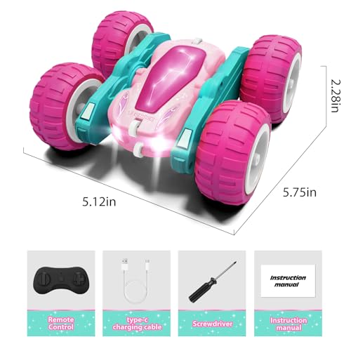Tecnock Pink Remote Control Car for Girls and Boys, 2.4GHz RC Cars with USB-C Easy Charging, 4WD Double Sided 360° Rotates and Flips RC Stunt Car, Toys Gift for Kids Ages 6-8, 8-12 - color: Pink