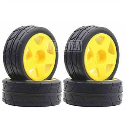 4PCS RC 1/10 On-Road Tires 65mm RC Rubber Tires w/Plastic Wheel Rim 12mm Hex Fit for 1/10 RC On-Road Rally Car HPI Tamiya TT01 TT02 Kyosho Wltoys 144001 - color: Yellow 4