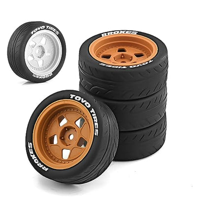1/10 Rally Racing Tire OD 2.68'' and Wheels 12mm Hex RC On Road Tyres for 1:10 Scale Touring Street Drift Car Tamiya TT01 TT02 XV01 TA06 A959 PTG2 HPI KYOSHO HSP PTG2 Traxxas 4PCS (Brown)