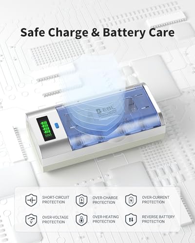 EBL Universal Smart Battery Charger with Discharge Function – Multi-Bay Rapid Charger for C D AA AAA 9V Ni-MH Ni-CD Batteries, LCD Display