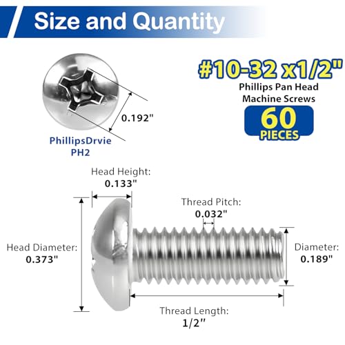 60Pcs #10-32 x 1/2" Phillips Pan Head Machine Screws, UNF Fully Threaded | 18-8 (304) Stainless Steel, Bright Finish, Ideal for Electronics, Appliances, Automotive and General Assembly - size: #10-32 x 1/2"