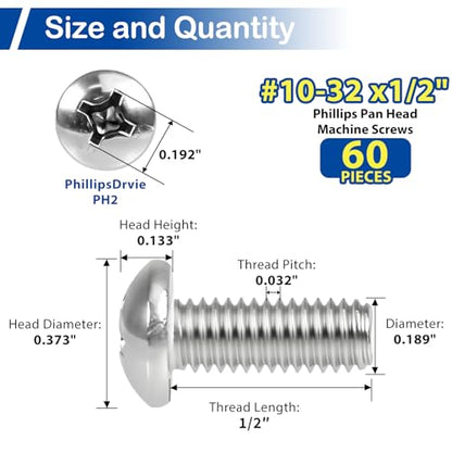 60Pcs #10-32 x 1/2" Phillips Pan Head Machine Screws, UNF Fully Threaded | 18-8 (304) Stainless Steel, Bright Finish, Ideal for Electronics, Appliances, Automotive and General Assembly - size: #10-32 x 1/2"