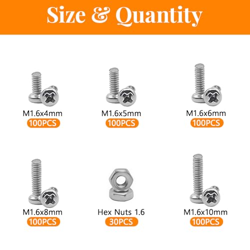530Pcs 304 Stainless Steel Metric Micro Screws Nuts Assortment, M1.6x4/5/6/8/10mm Sizes, Phillips Pan Head, Fully Threaded Kit for Arduino, RC Models, Electronics, DIY Projects - size: M1.6x4/5/6/8/10-530Pcs