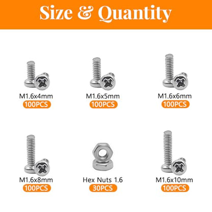 530Pcs 304 Stainless Steel Metric Micro Screws Nuts Assortment, M1.6x4/5/6/8/10mm Sizes, Phillips Pan Head, Fully Threaded Kit for Arduino, RC Models, Electronics, DIY Projects - size: M1.6x4/5/6/8/10-530Pcs