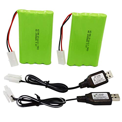 Blomiky 2 Pack 9.6V 2000mAH NiMH Rechargeable AA Battery Packs with Standard Tamiya Connectors Plug and USB Cable for RC Tank Car Truck and Vehicles 9.6V Tamiya 2
