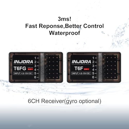 INJORA RC Transmitter 2.4GHz 6CH Controler and Receiver with Gyro Remote Inside Receiver for 1/8 1/10 RC Car Boat Tanks Crawler TRX4 SCX10 Upgrade Parts(T6FG) - size: with Gyro