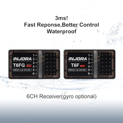 INJORA RC Transmitter 2.4GHz 6CH Controler and Receiver with Gyro Remote Inside Receiver for 1/8 1/10 RC Car Boat Tanks Crawler TRX4 SCX10 Upgrade Parts(T6FG) - size: with Gyro