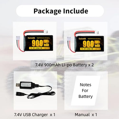 SCX24 Battery 7.4V 900mAh Li-Po Battery with PH2.0 Plug for SCX24 RC Car Most 1/10, 1/16, 1/18, 1/24 Scale RC Trucks with Charger Cable