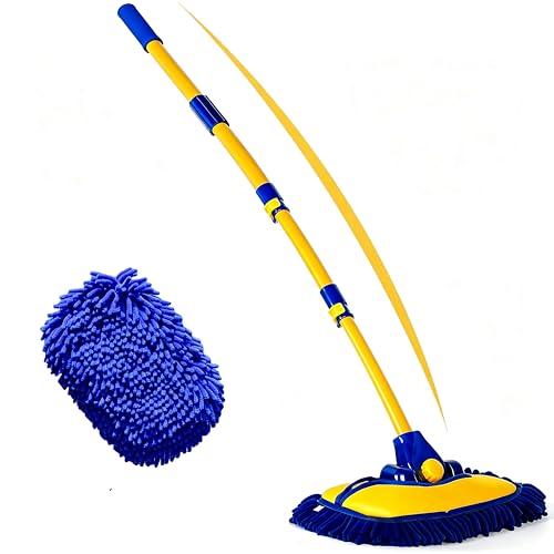 57'' Car Wash Brush with Long Handle Chenille Microfiber Car Wash Kit Mitt Retractable Bent Pole Car Wash Mop for Cars RV Truck Boat (Blue-2) - color: Blue-2