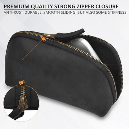 Leather Tech Pouch for Cables Chargers Phone | Tech Bag | Zipper Travel Accessory Pouch | Electronic Organizer Case Travel Bag (Black) - color: Black