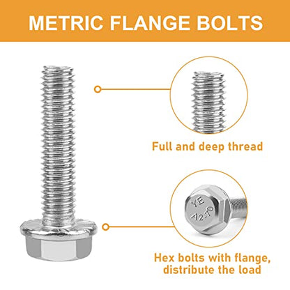 M8-1.25 x 16/20/25/30/35mm Flanged Hex Head Bolts, VIGURE 90PCS M8 Flange Hexagon Screws Serrated Flange Nuts Washers, Stainless Steel 18-8 (304), DIN 6921 - size: M8-1.25