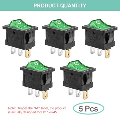 5 Pack KCD1 SPST On/Off Green LED Boat Rocker Toggle Switch | 3-Pin 2-Position Snap In, Only for DC 12V-24V 20A - color: Green, size: DC 12V-24V 20A - Not Pre-Wired