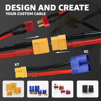 183pcs T-Plug / XT30 / XT60 / XT90 / EC3 / EC5 / TRX Male & Female Plug Adapter Connectors Kit 14 AWG Silicone Wire and Heat Shrink Tubing for RC Lipo Battery ESC Motor - color: 183