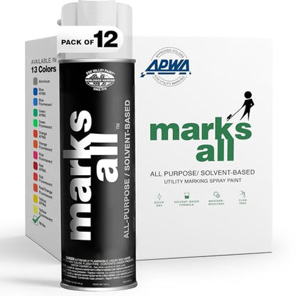 Fox Valley 18oz Marks All Solvent-Based Marking Paint Spray, 12-Pack White – Long-Lasting, Weather-Resistant Spray Paint for Wet or Dry Surfaces Like Metal, Grass, Concrete, Wood, & More - color: White