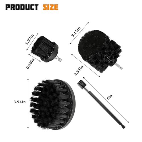 4PCS Drill Brush Attachment Kit with Extension Rod, Black | PP bristles with steel shafts, three brush sizes, quick-change extension rod, follows curved surfaces, compact storage - color: Black