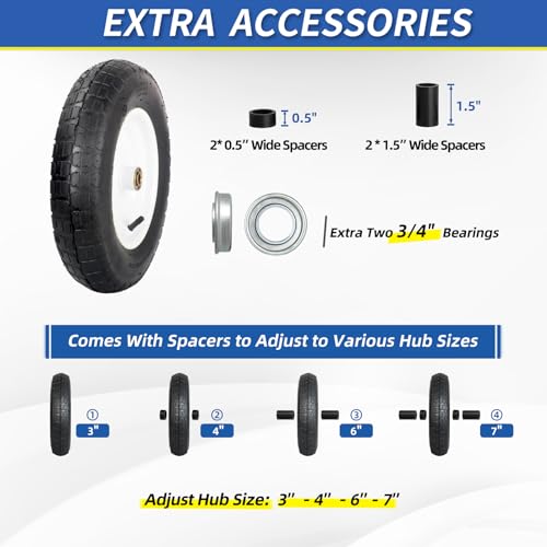 Wheelbarrow Rubber Tire, 14-inch Pneumatic Wheel, 3"-6" Centered Hub, 5/8" & 3/4" Ball Bearings, Replacement 4.80/4.00-8, 3.50/2.50-8, 4.00-6, 4.00-8 Wheelbarrow Wheels | 5/8" & 3/4" Ball Bearings, 3"-6" Centered Hub, Replacement for Garden Wagon Cart - s