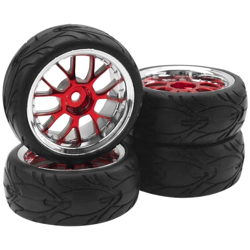ShareGoo Plastics Wheel Rims w/Rubber Tire RC 12mm Hex Hub Compatible with HSP Tamiya XV01 TT01 Kyosho Traxxas Sakura WLtoys HSP 3Racing 1/10 RC On-Road Racing Touring Car (Red) - color: Red