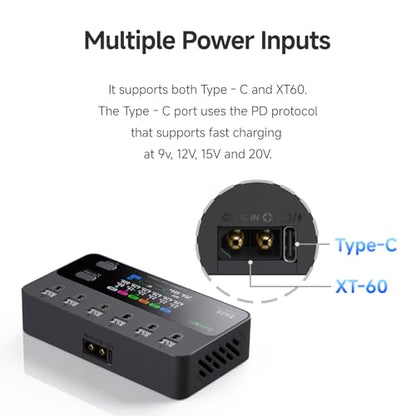 ISDT E625 6-Channel 1S LiHV/LiPo Battery IPS Screen Smart Charger/Discharger, Type-C/XT60 PD Powered with BT2.0/PH2.0 Ports, Features 4.35V 2.5A Fast Charging for Tiny Whoop FPV Drones RC Batteries