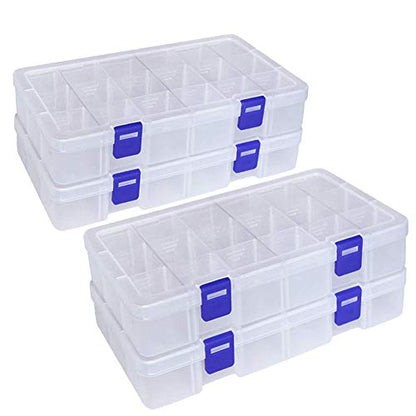 Qualsen 4 Pack 18 Grid Plastic Organizer Box with Adjustable Dividers, Bead Organizer Box for Jewelry, Beads, Earrings, Tools, Fishing Hooks, and Small Accessories - size: 18 Gird-4pcs