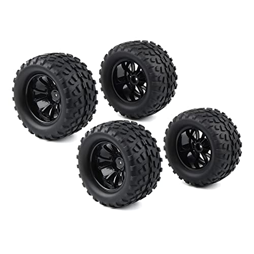 4X RC 1/10 Scale Monster Truck Tires Gravel Tread w/ 5 Spokes Wheel Rim | Black, For Stampede HSP Redcat Volcano XTE PRO - style: Twin 5 Spokes-Black