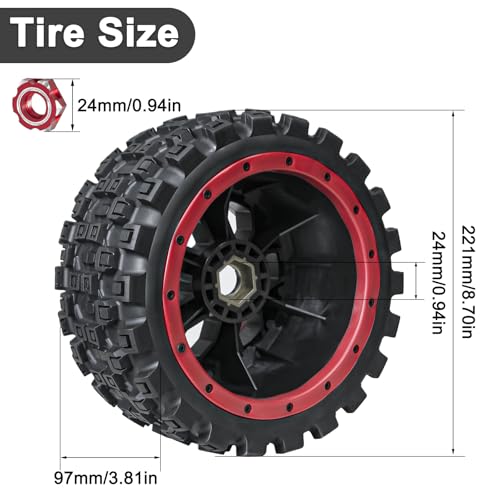 LRFHL 1/5 RC Monster Truck Tires 4PCS, Red | 24mm Hex Wheels MX43 RC Tires for Traxxas 1/5 X-MAXX 8S Arrma 1/5 Kraton 8S 1/5 Outcast 8S - color: Red