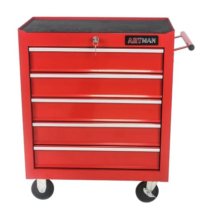 5-Drawer Lockable Tool Chest - Ball-Bearing Slides, 4 Casters (2 with Brakes) & Side Pull Handle, RED