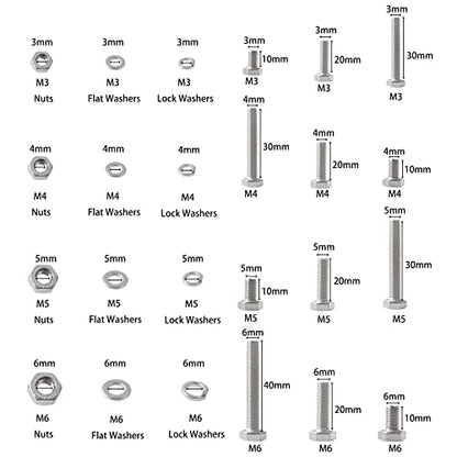 newlng M3 M4 M5 M6 Bolts and Nuts Flat and Lock Washers Assortment Kit 520 PCS Metric 304 Stainless Steel Hex Head Cap Screws Bolts and Nuts Assortment Set Fasteners Bolts Kit with Combination Box - size: F-M3456