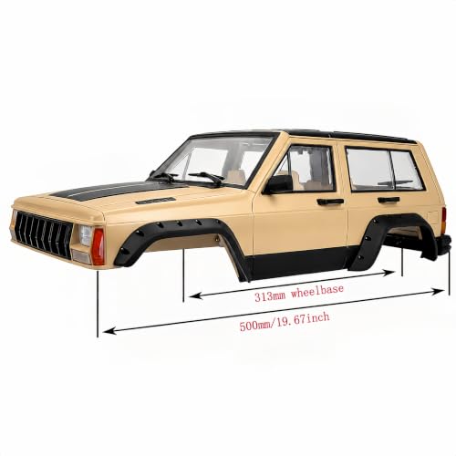 1/10 RC Crawler Hard Body Shell Kit, 313mm Cherokee Style, Yellow | Fits Axial SCX10, SCX10 II 90046/90047 & TRX4; hard plastic shell with interior, grille, flares, mirrors and hardware - color: Yellow