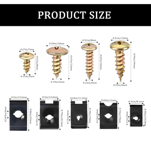 170PCS Car U Clips with Screw Assortment Kit, Carbon Steel U-Shaped Clamp Hardware Set, 9 Different Sizes Automotive U Nut and Screws, Universal U Clips for Car Dash Door Panel Interior