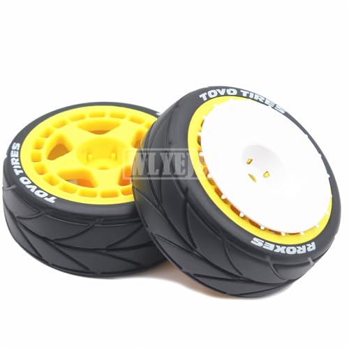 4PCS RC 1/10 On-Road Tires 65mm RC Rubber Tires w/Plastic Wheel Rim 12mm Hex Fit for 1/10 RC On-Road Rally Car HPI Tamiya TT01 TT02 Kyosho Wltoys 144001 - color: Yellow 1